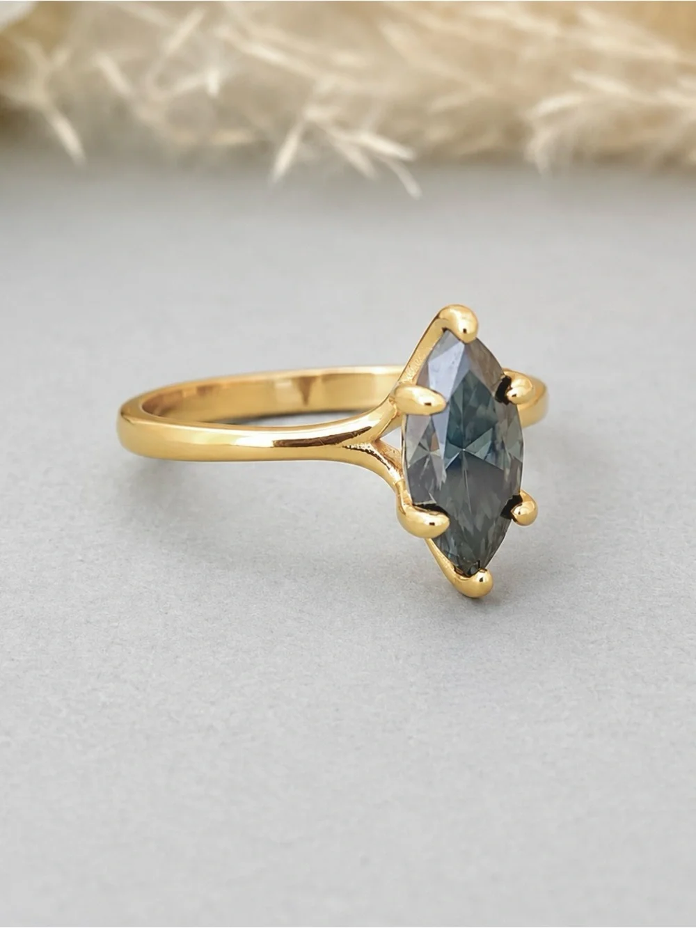 Yellow Gold Marquise Dark Gray Moissanite Diamond Sterling Silver Solitaire Ring